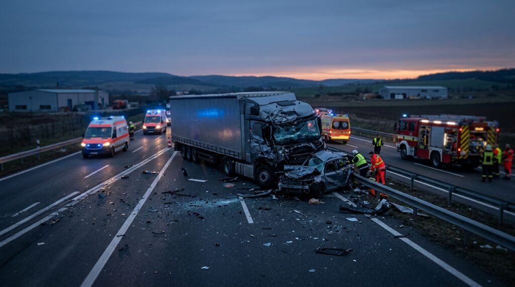 Overturned commercial truck and damaged vehicles on a highway at dusk after a serious collision.