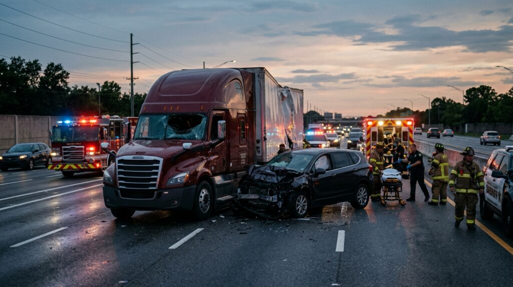Overturned commercial truck and wreckage on a highway at dusk after a serious collision.