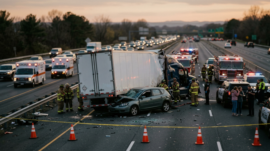 Overturned commercial truck and wreckage on a highway at dusk after a serious collision.