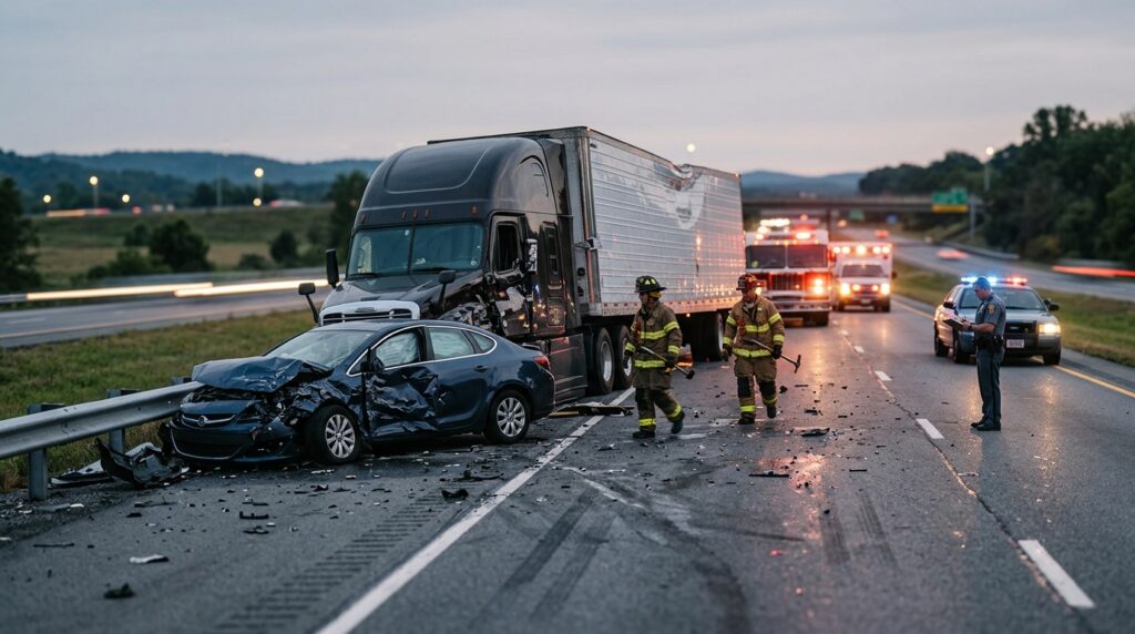 Overturned commercial truck at a highway crash scene at dusk after a serious collision.