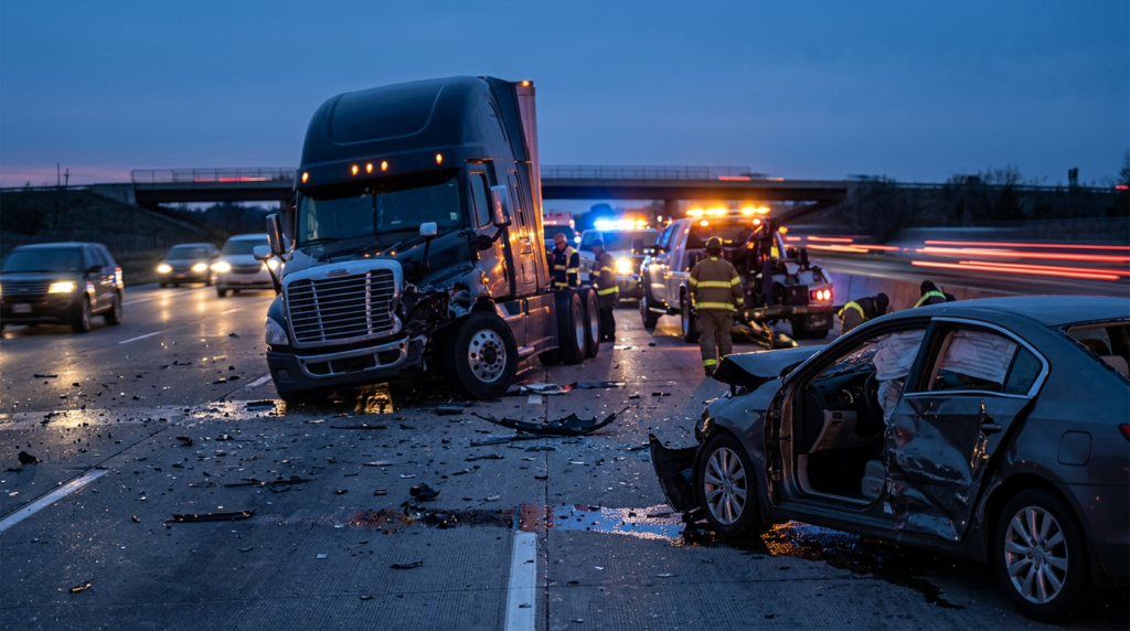 Overturned commercial truck at a highway crash scene during dusk.