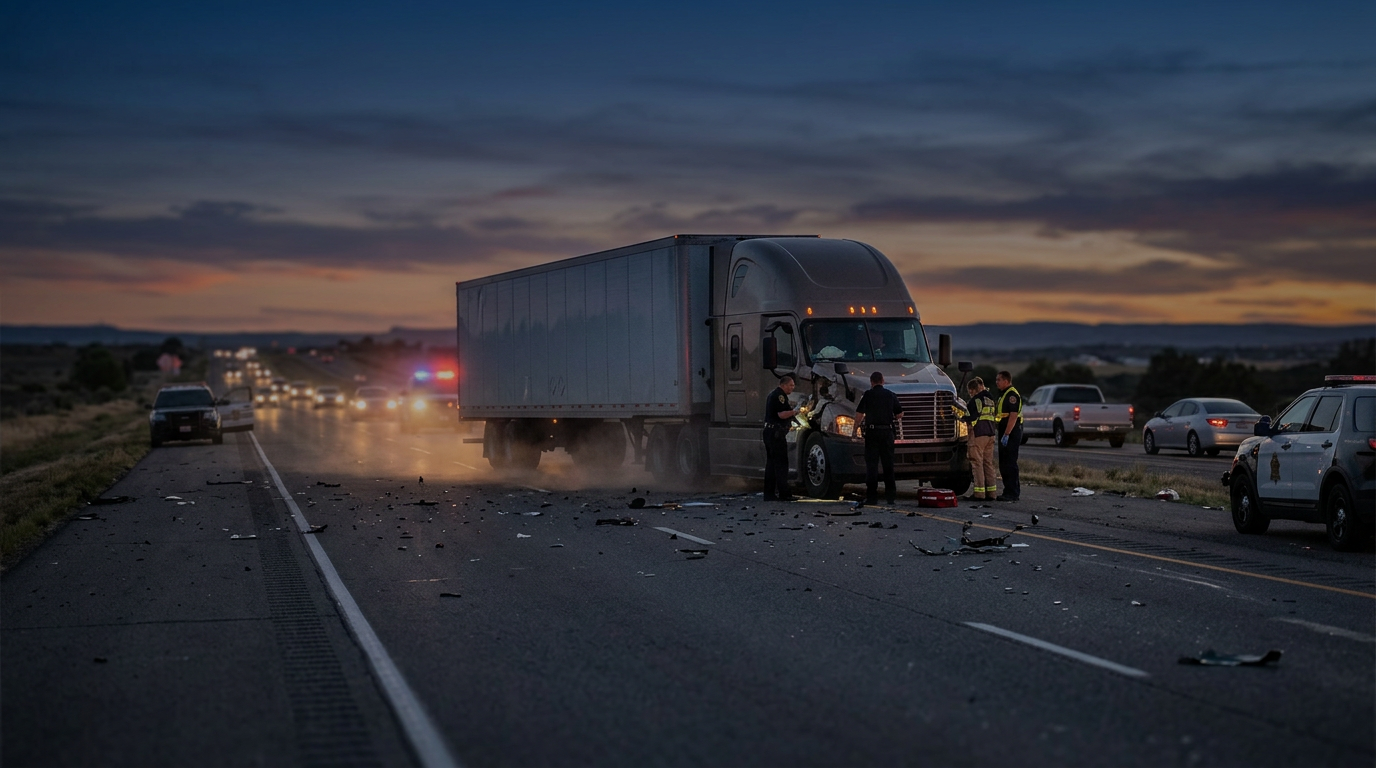 Overturned commercial truck at dusk after a highway collision, with debris scattered across the road.
