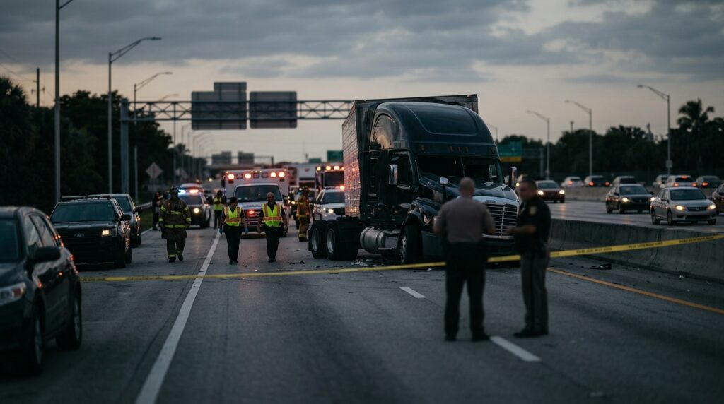Overturned commercial truck blocking a highway after a serious collision at dusk.