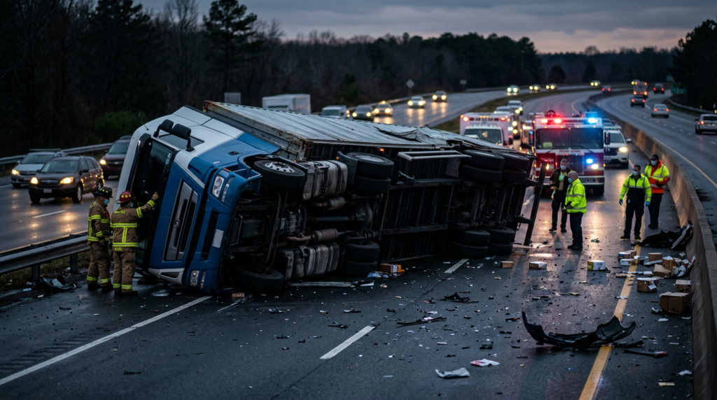 Overturned commercial truck on a highway at dusk following a serious collision.