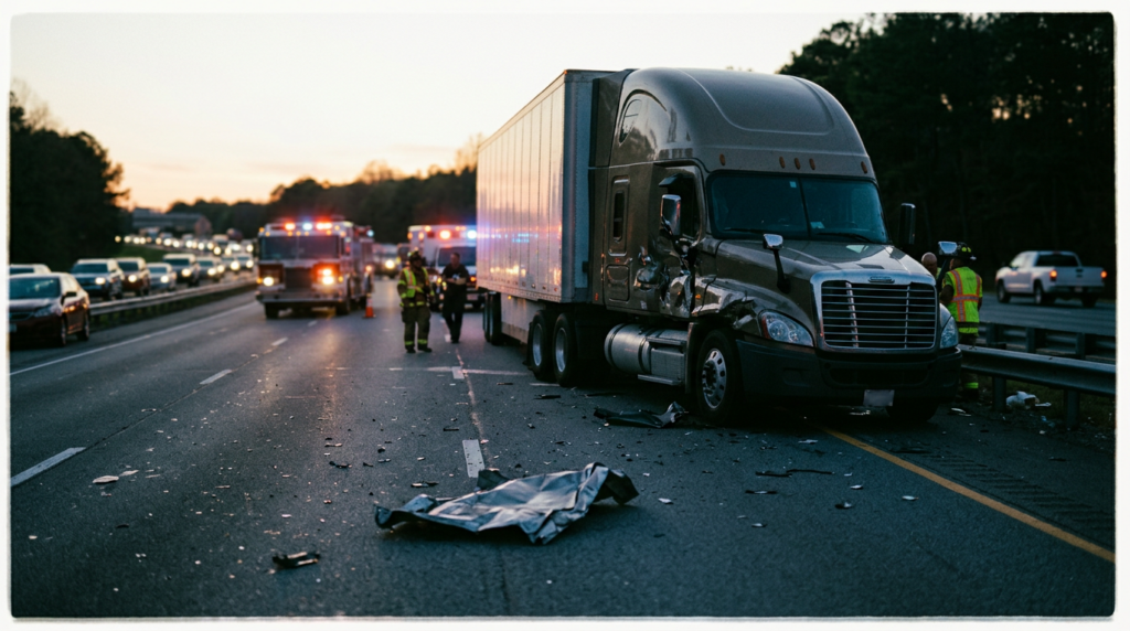 Overturned commercial truck on a highway at dusk after a serious collision.