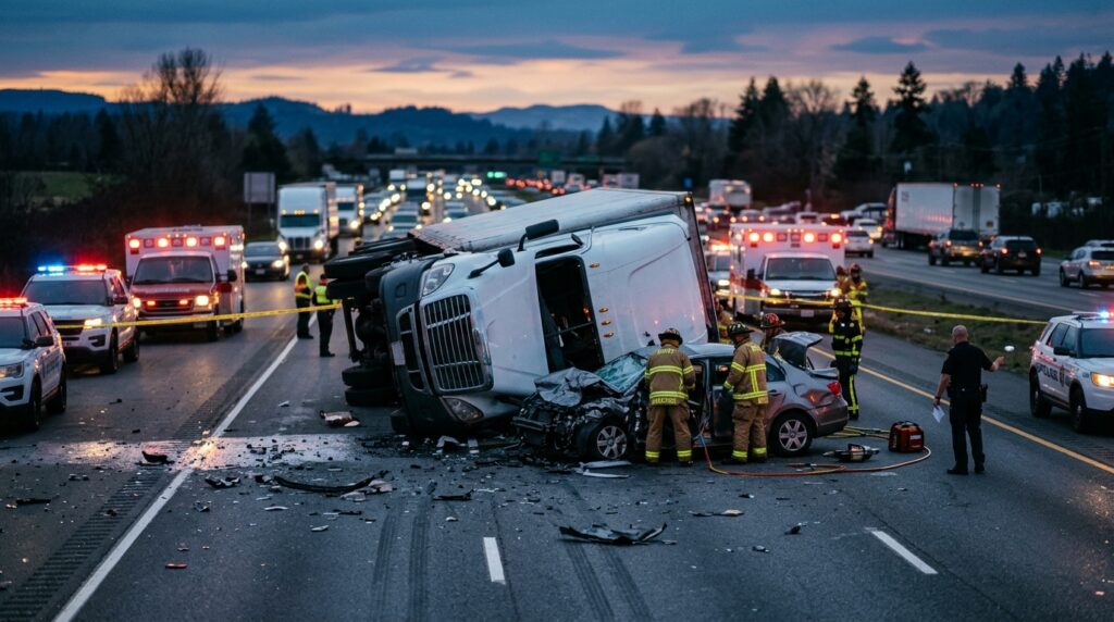 Overturned commercial truck on a highway at dusk after a serious collision.