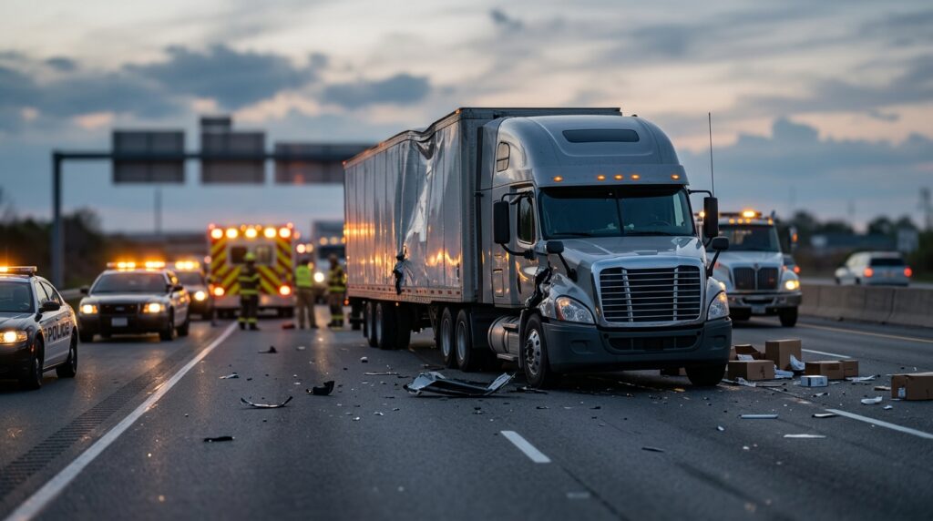 Overturned commercial truck on a highway at dusk after a serious collision.