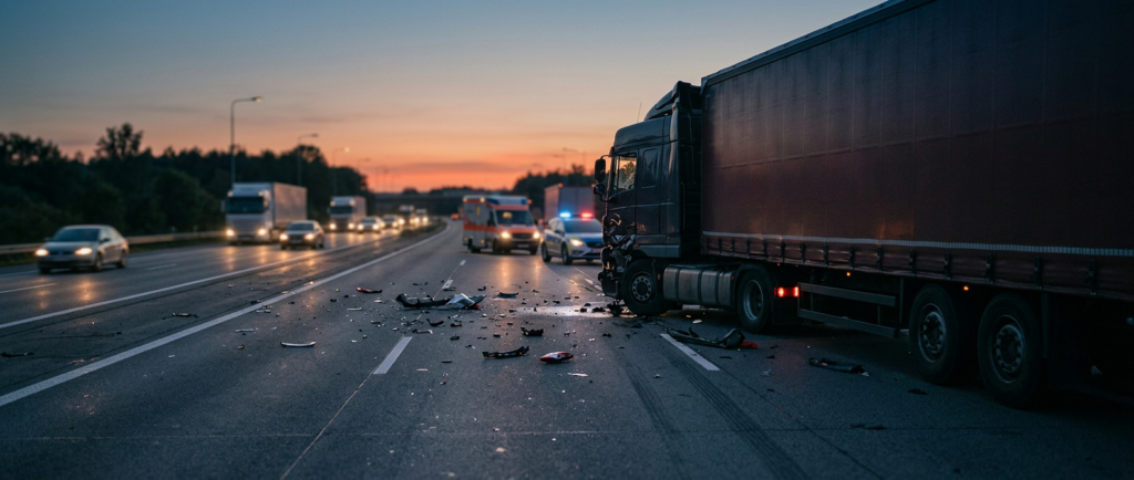 Overturned commercial truck on a highway at dusk after a serious collision.