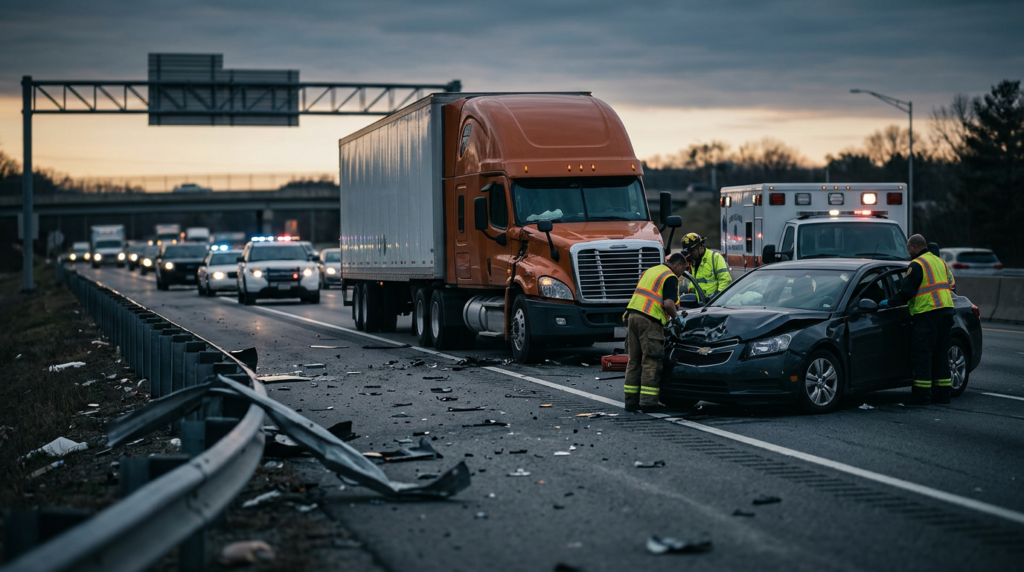 Overturned commercial truck on a highway at dusk after a serious collision.