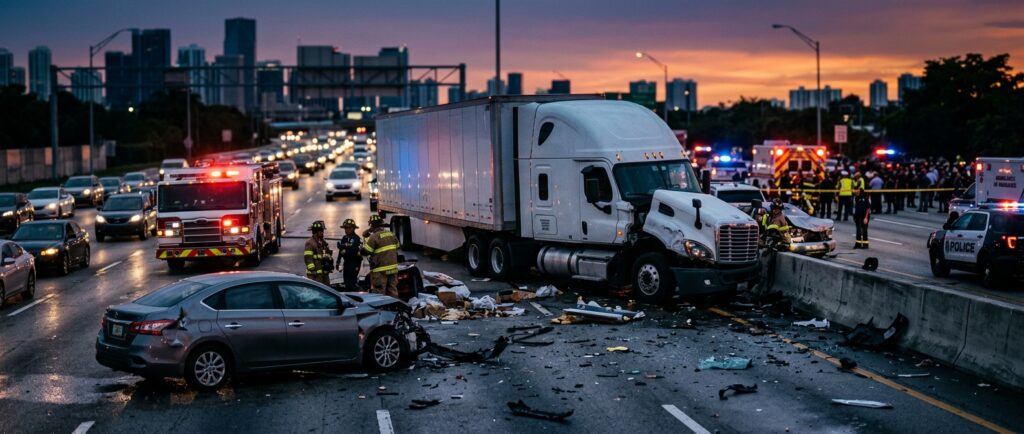 Overturned commercial truck on a highway at dusk after a serious collision.