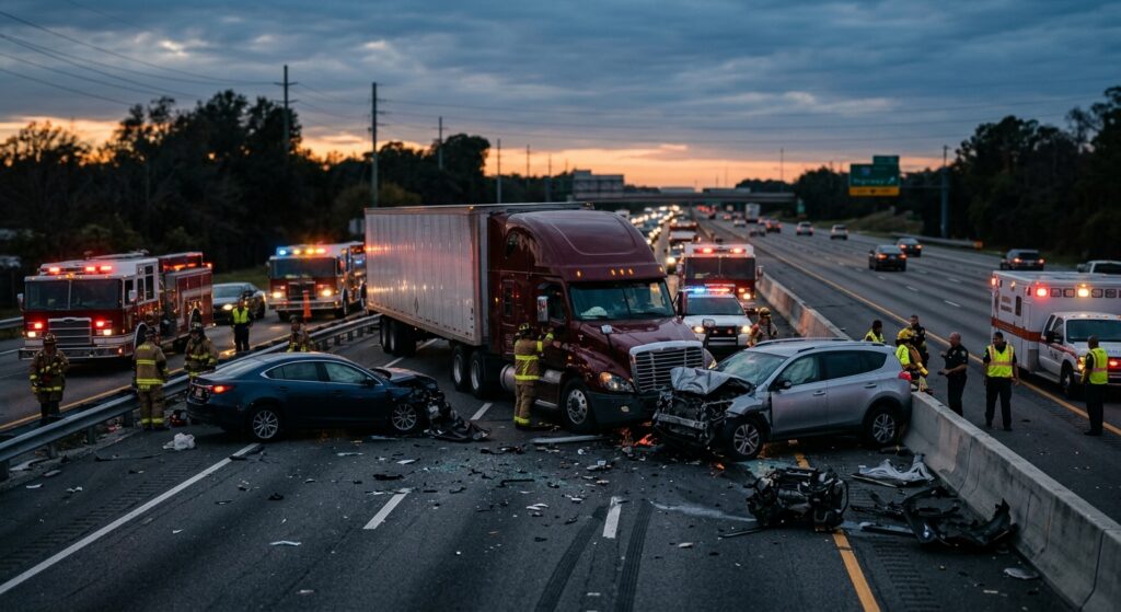 Overturned commercial truck on a highway at dusk after a serious collision.