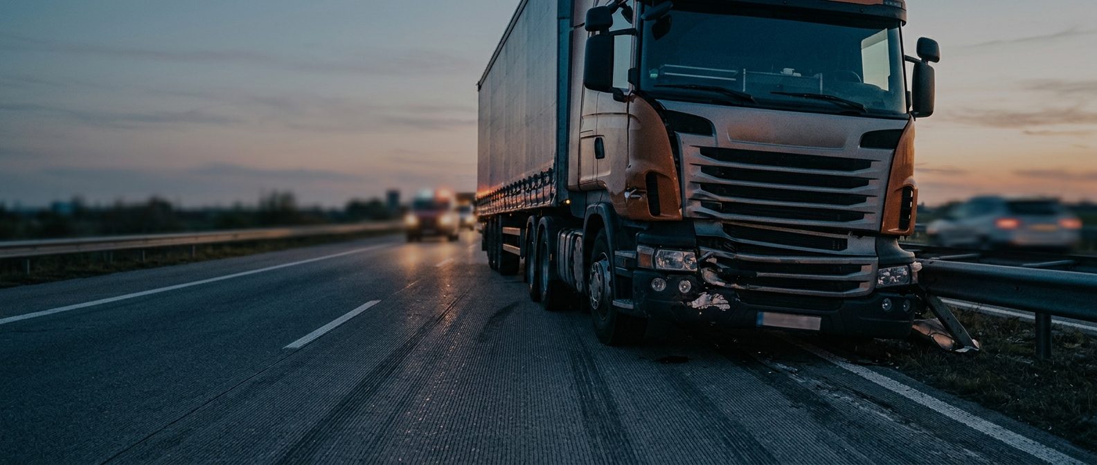 Overturned commercial truck on a highway at dusk after a serious collision.