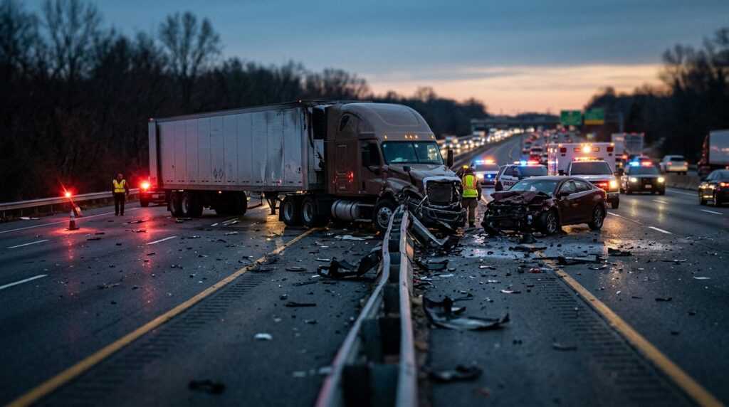 Overturned commercial truck on a highway at dusk following a serious collision.