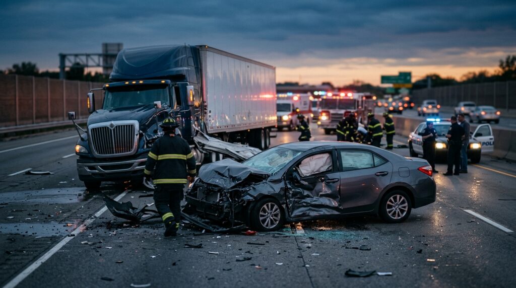 Overturned commercial truck wreckage across a highway at dusk after a serious collision.