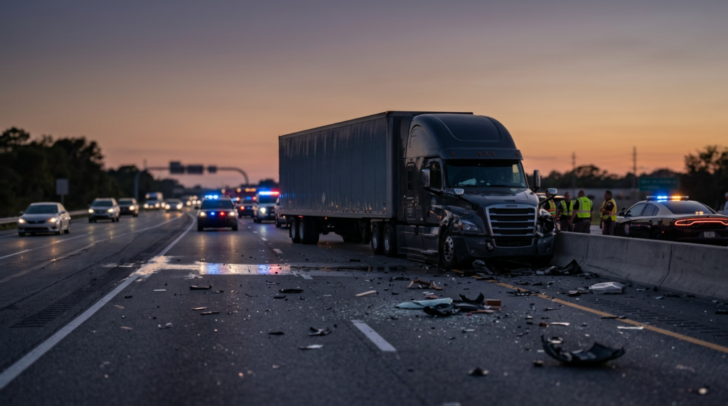 Overturned commercial truck wreckage on a Florida highway at dusk after a serious collision.