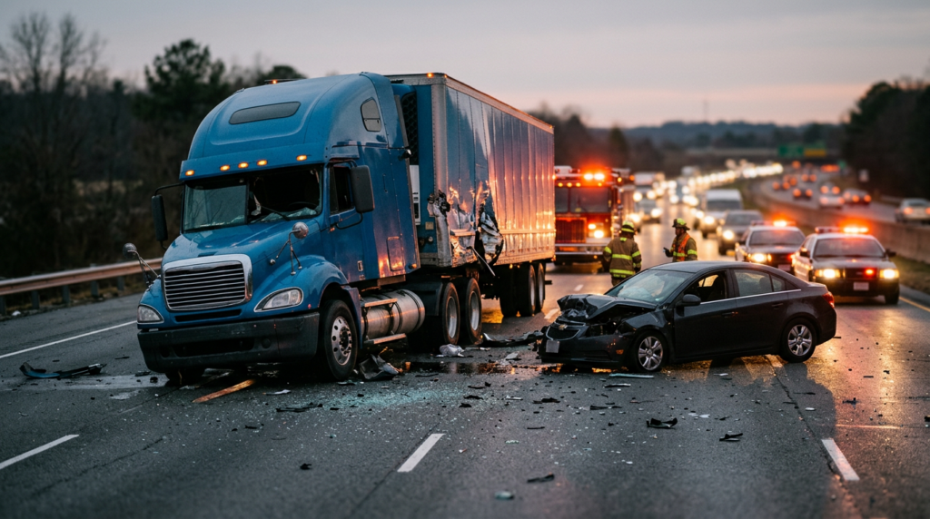 Overturned commercial truck wreckage on a Florida highway at dusk after a serious collision.