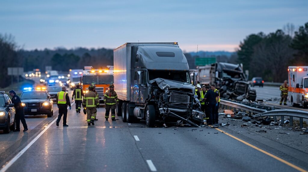 Overturned commercial truck wreckage on a highway at dusk after a serious collision.