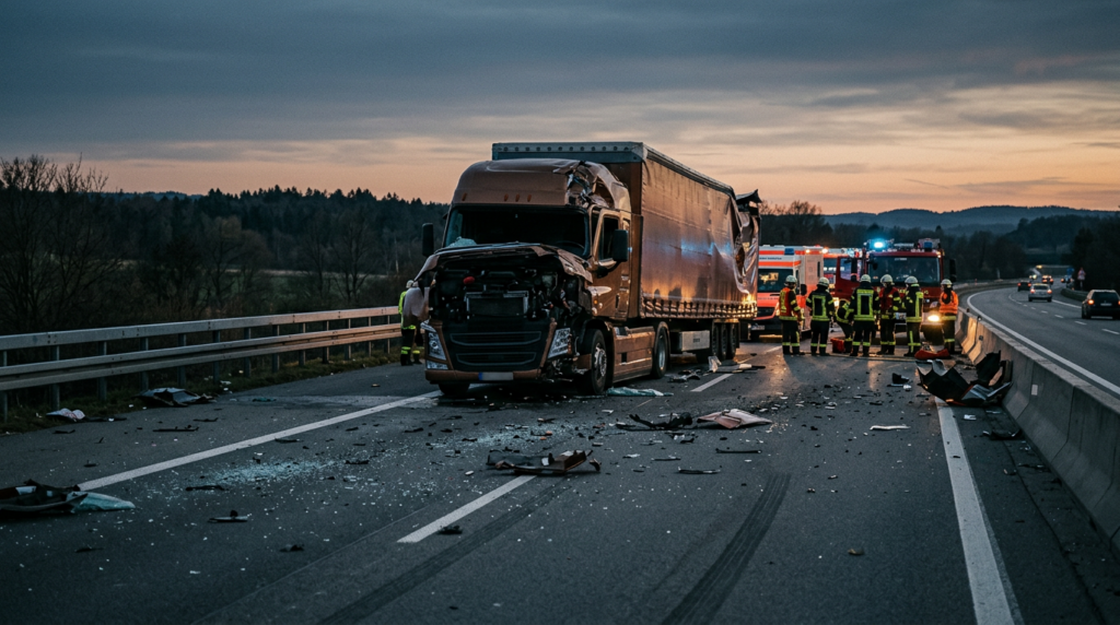 Overturned commercial truck wreckage on a highway at dusk after a serious collision.