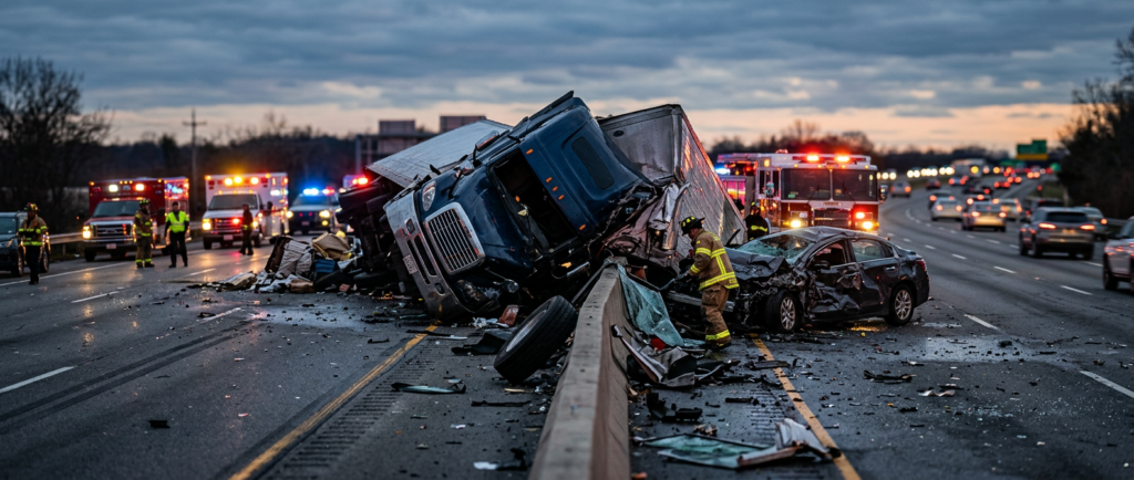 Overturned commercial truck wreckage on a highway at dusk after a serious collision.
