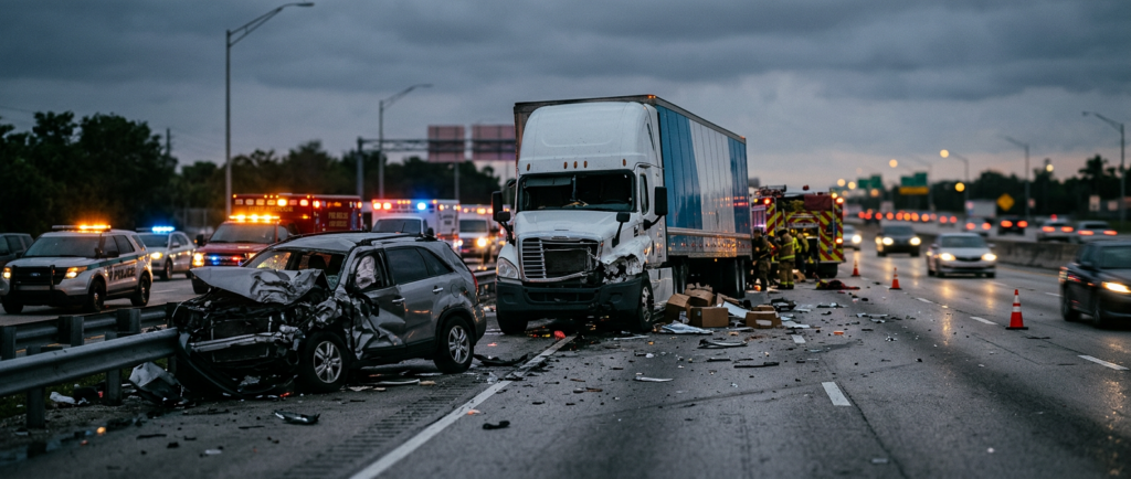 Overturned commercial truck wreckage on a highway at dusk after a serious collision.