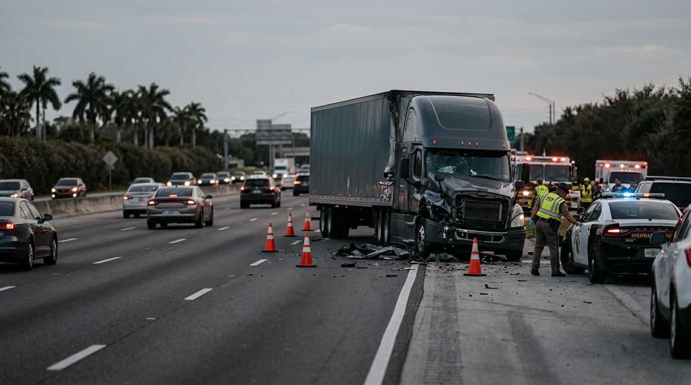 Overturned commercial truck wreckage on a highway at dusk after a serious collision.