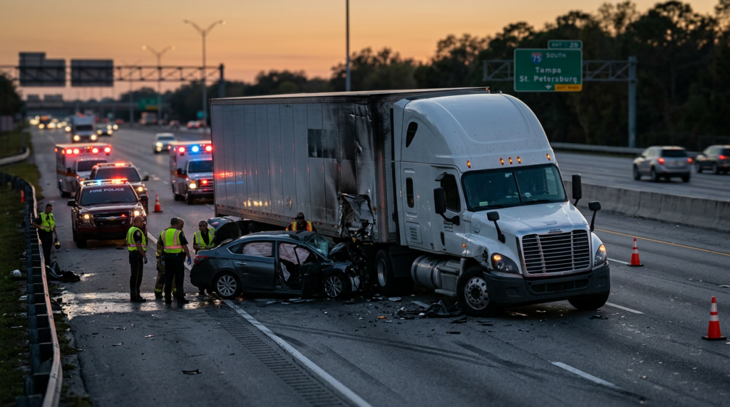 Overturned commercial truck wreckage on a highway at dusk after a serious collision.