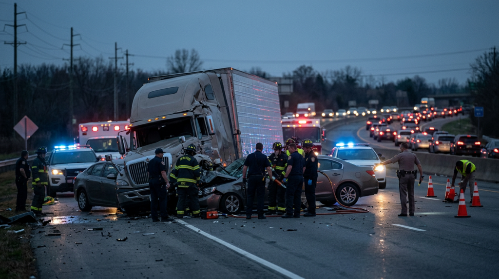 Overturned commercial truck wreckage on a highway at dusk after a serious collision.