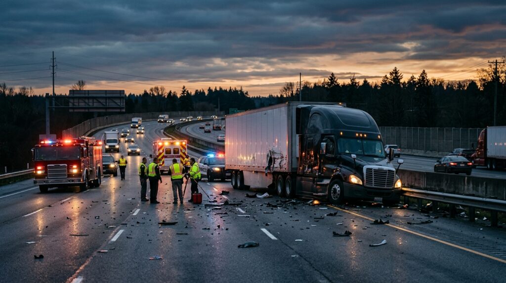 Overturned commercial truck wreckage on a highway at dusk after a serious collision.