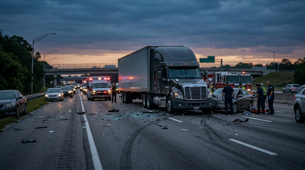 Overturned commercial truck wreckage on a highway at dusk after a serious collision.