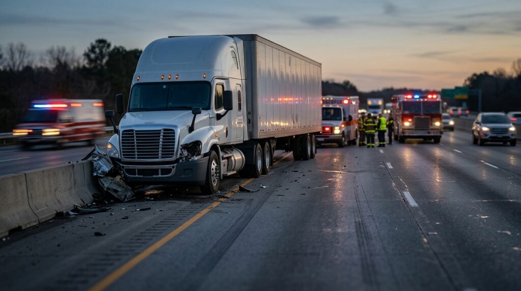 Overturned commercial truck wreckage on a highway at dusk after a serious collision.