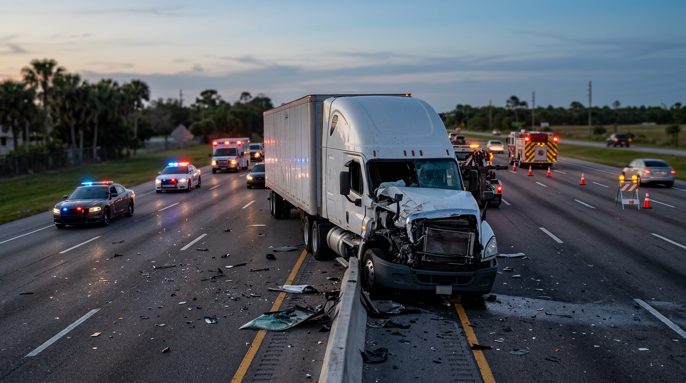 Overturned commercial truck wreckage on a highway at dusk after a serious collision.
