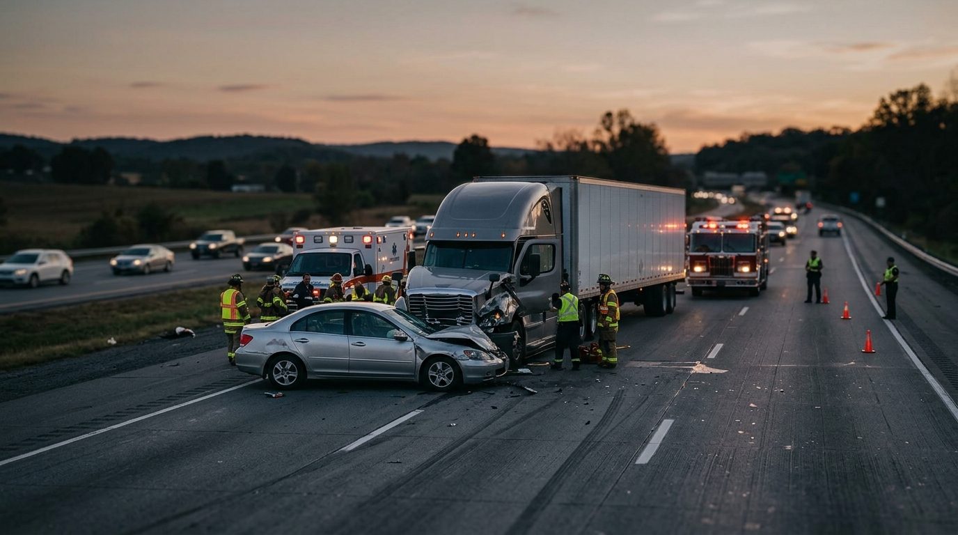 the aftermath of a serious commercial truck collision on a highway at dusk