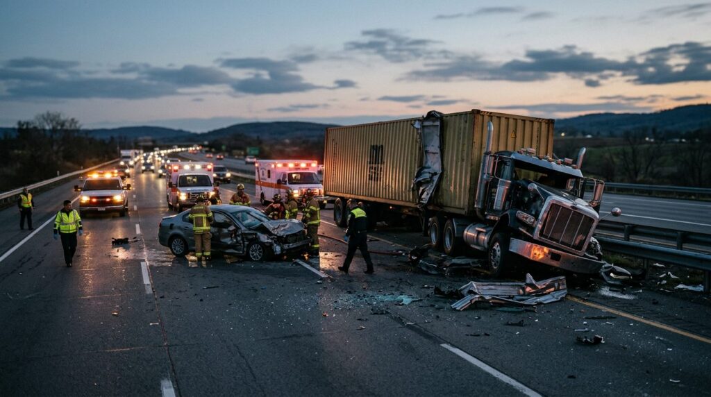 Overturned commercial truck wreckage on a highway at dusk after a serious collision.