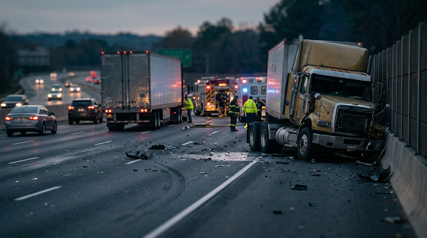Overturned commercial truck wreckage on a highway at dusk after a serious collision.
