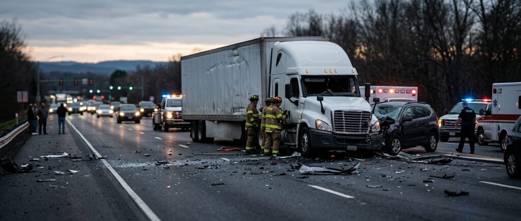Overturned commercial truck wreckage on a highway at dusk after a serious collision.