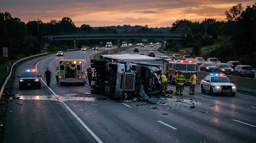 Overturned commercial truck wreckage on a highway at dusk after a serious collision.