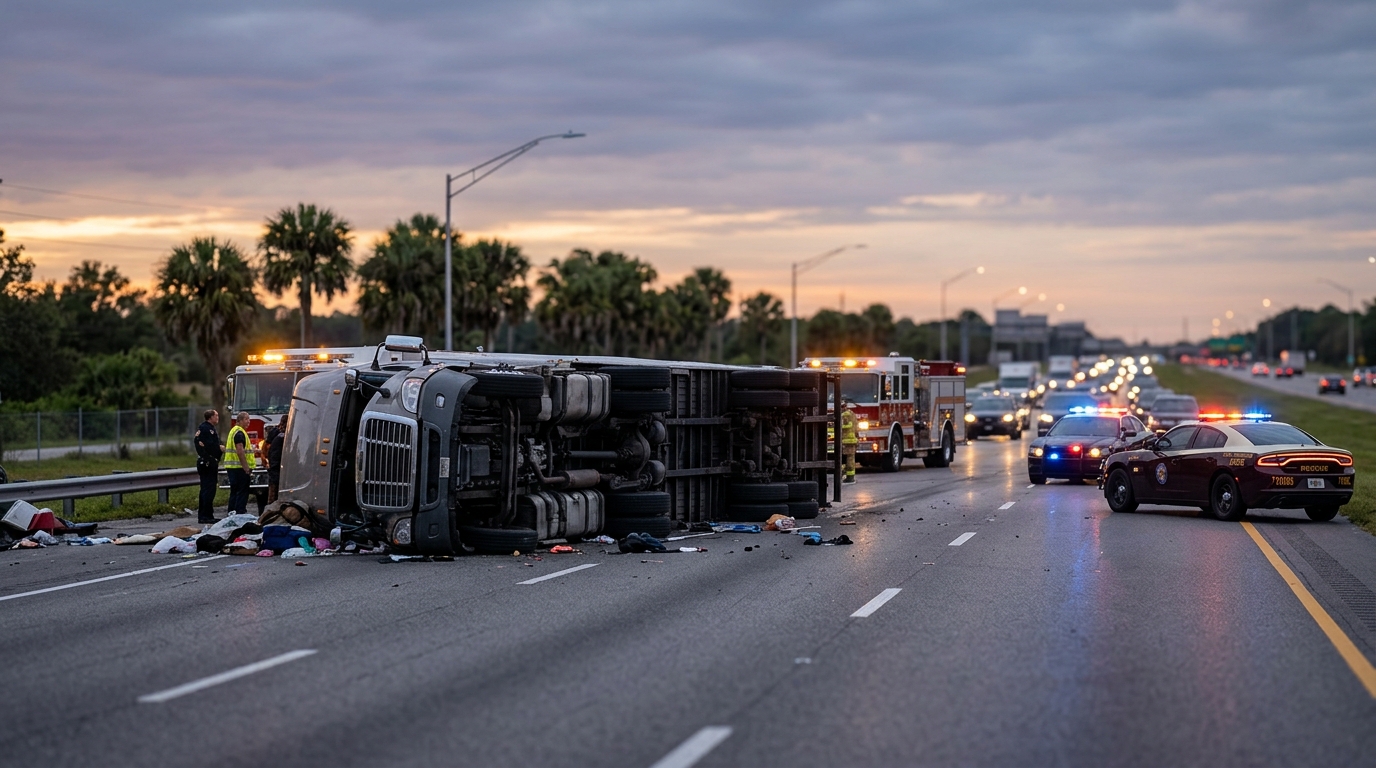 Overturned commercial truck wreckage on a highway at dusk after a serious collision.