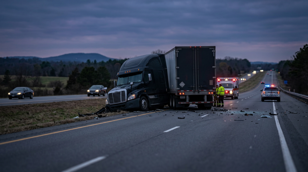 Overturned commercial truck wreckage on a highway at dusk after a serious collision.