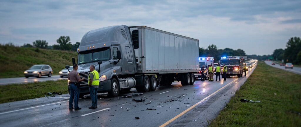 Overturned semi-truck jackknifed across a highway at dusk after a serious collision.