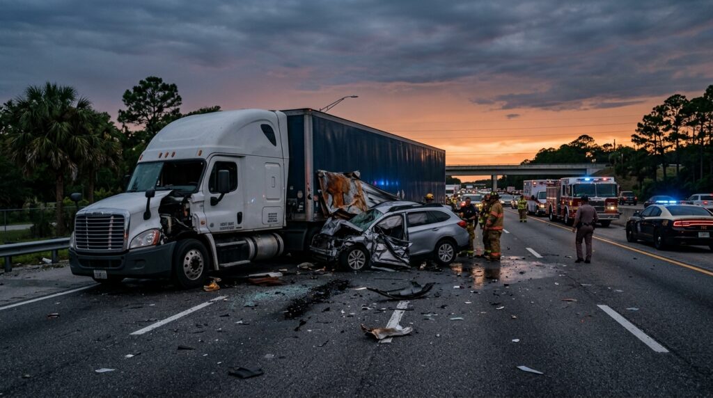 Overturned semi-truck wreck blocking a highway at dusk after a serious commercial collision.