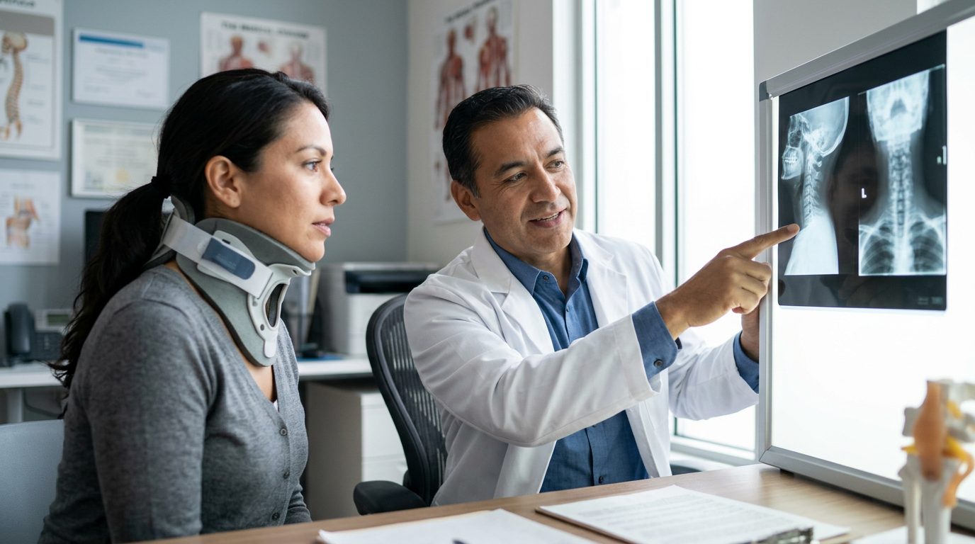 Paciente con collarín cervical rígido revisa radiografías de columna con cirujano especialista.