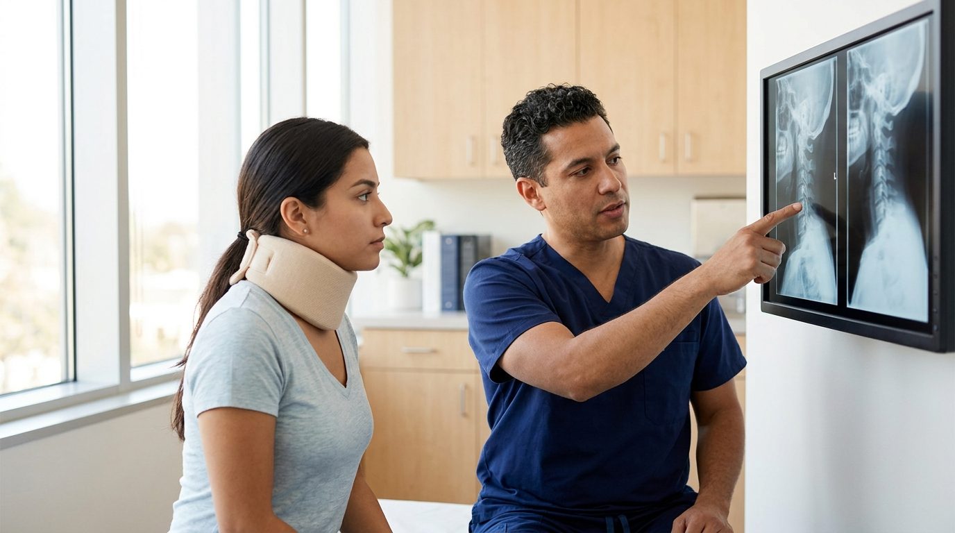 Paciente con collarín cervical revisa radiografías de columna con cirujano en consulta médica.