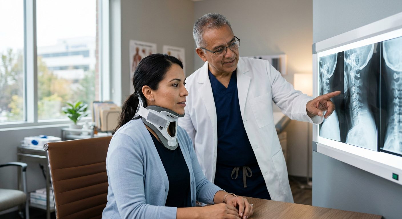 Paciente con collarín cervical revisa radiografías de columna con cirujano en consultorio médico.