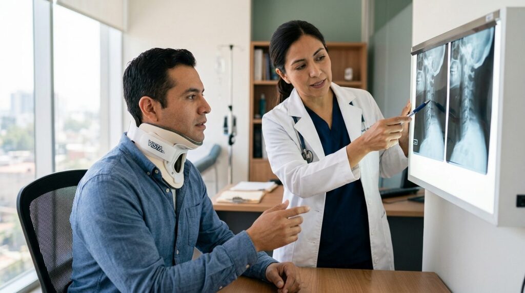 Paciente con collarín cervical revisa radiografías de columna con cirujano en consulta médica.