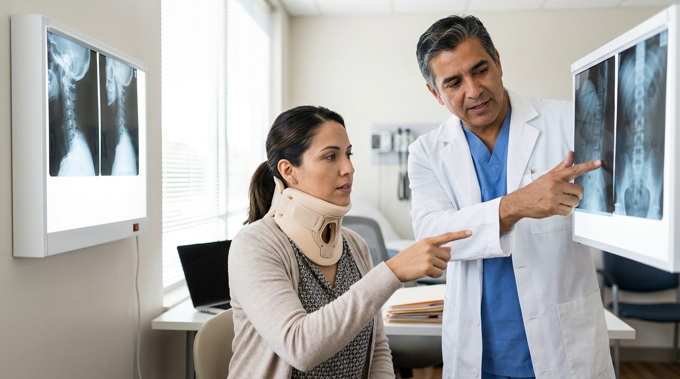 Paciente con collarín cervical revisa radiografías de columna con cirujano en consultorio.