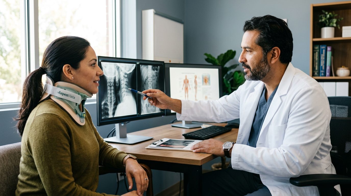 Paciente con collarín cervical revisa radiografías de columna con cirujano en consulta médica.