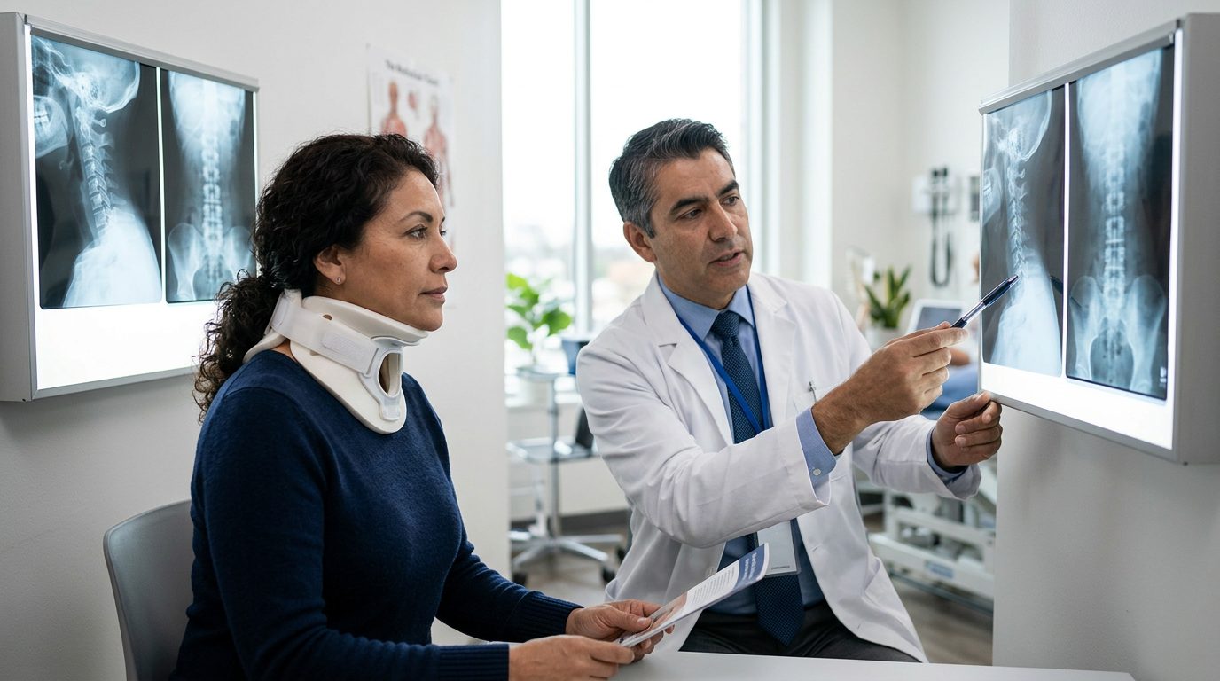 Paciente con collarín cervical revisa radiografías de columna con cirujano en consultorio.