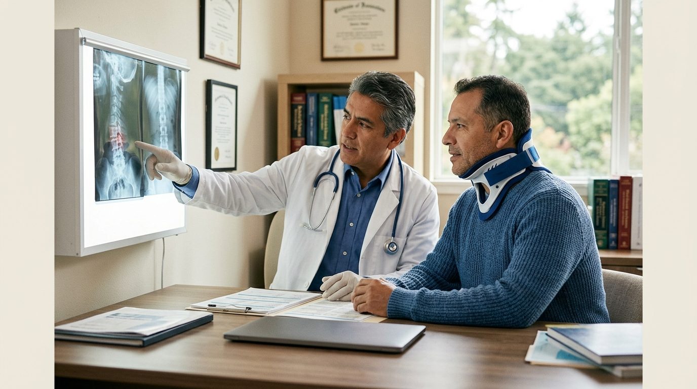 Paciente con collarín cervical revisa radiografías de columna con cirujano en consultorio.