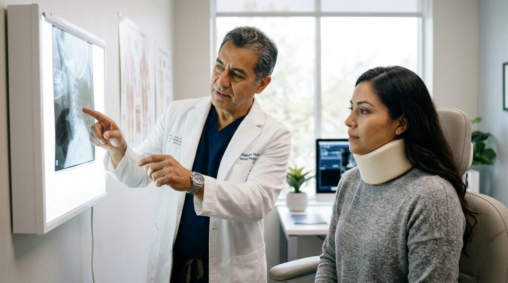 Paciente con collarín cervical revisa radiografías de columna con cirujano en consulta médica.