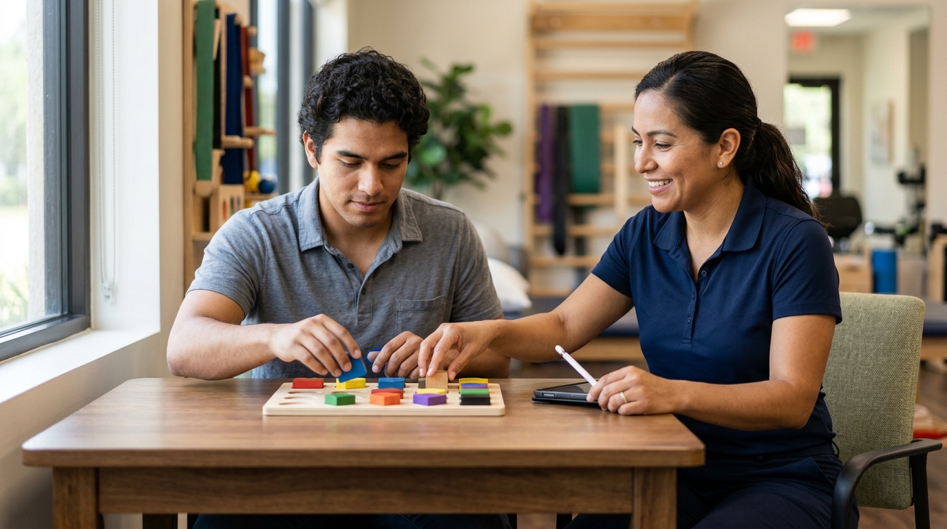 Paciente con lesión cerebral traumática practica memoria y coordinación con su terapeuta.